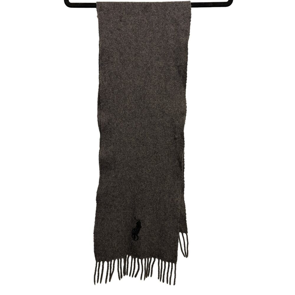 Polo Ralph Lauren Gray Lambs Wool Scarf Pony Logo Fringe Detail